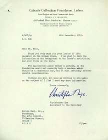 Letter from Christopher Rye, Assistant to the Secretary of the Calouste Gulbenkian Foundation to Mervyn Wall, Secretary of the Arts Council.